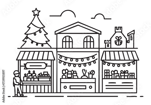 Christmas market scene with festive stalls, gift-wrapped presents, a large tree with decorations, and a person walking.