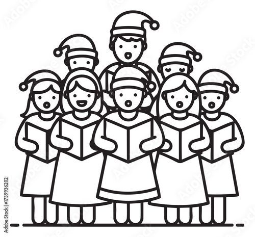 Black outline vector icon of a group of children and adults in christmas hats singing together, holding songbooks, depicting a joyful caroling scene.