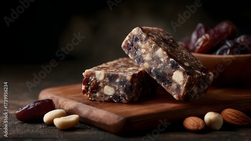 Two healthy energy bars made with nuts and dates are placed on a wooden board with scattered ingredients