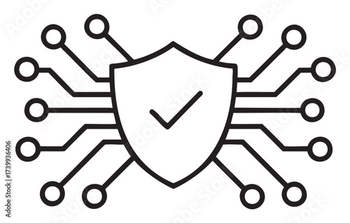 Black outline icon of a shield with a checkmark, symbolizing cybersecurity, with circuit lines extending from the edges.