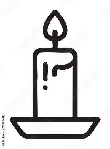 Black outline icon of a simple, upright candle on a shallow dish, with a melting wax drip and flame above the wick.
