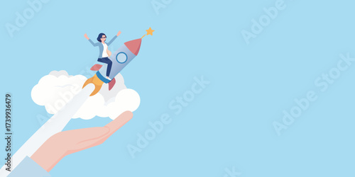 Woman riding a rocket towards a star launched from a supportive hand and clouds symbolizing success and ambition