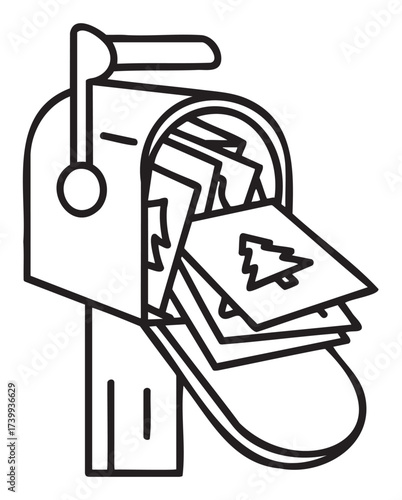Black outline icon of a mailbox filled with holiday cards featuring tree designs, illustrating festive mail and communication concepts.