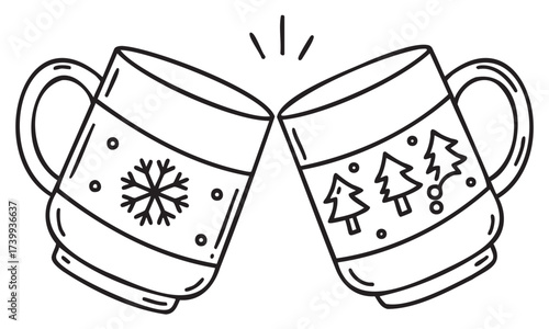 Black and outline of two mugs with winter-themed designs, featuring a snowflake and pine trees, clinking together in a celebratory gesture.