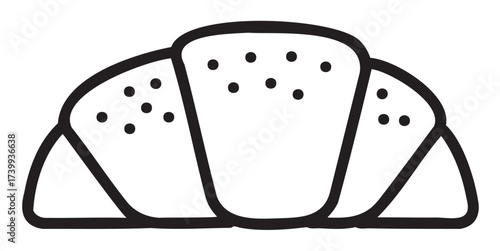 Minimalistic black outline icon of a freshly baked croissant with dotted details, representing a pastry concept in a simple, linear style.