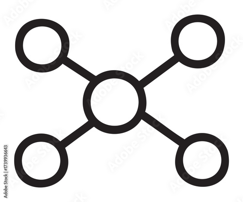 Black outline icon of a molecule structure with one central node connected to four surrounding nodes, representing network or connectivity.