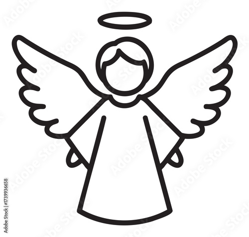 Black outline icon of a simple angel with wings and a halo, ideal for religious and spiritual themes.