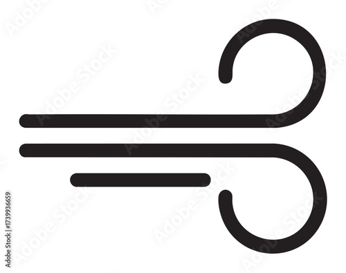 Black icon of stylized wind or air flow with two curved lines and two straight lines, representing movement or breeze.