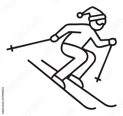 Black outline vector icon of a person skiing downhill with ski poles, wearing a winter hat and goggles, in an active pose.