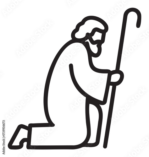 Black outline icon of a kneeling male figure with a beard holding a shepherd's staff, wearing a robe.