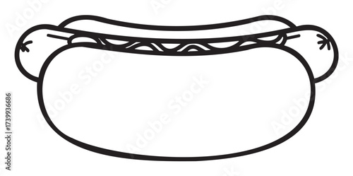 Black outline vector icon of a classic hot dog in a bun with visible sausage and toppings.