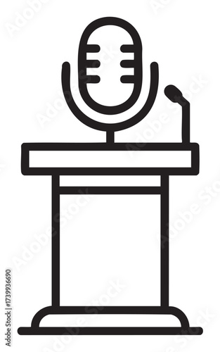 Black outline vector icon of a simple podium with a microphone on top, representing speech or lecture concepts.