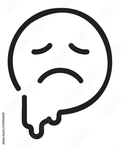 Black outline vector icon of a melting sad face emoji with drooping eyes and mouth, symbolizing sadness and disappointment.