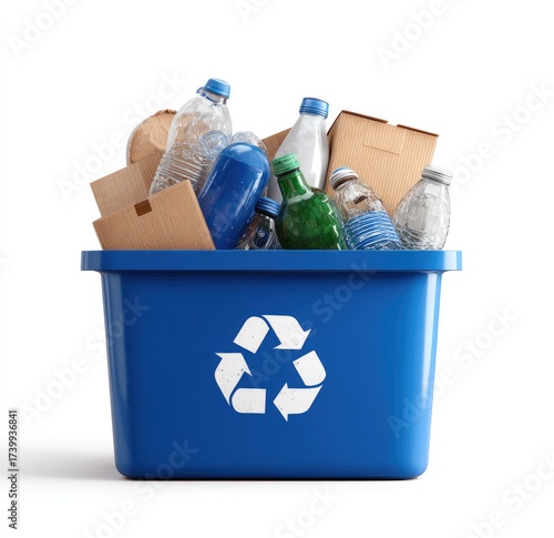 A blue recycling bin overflowing with assorted plastic bottles, glass jars, and cardboard