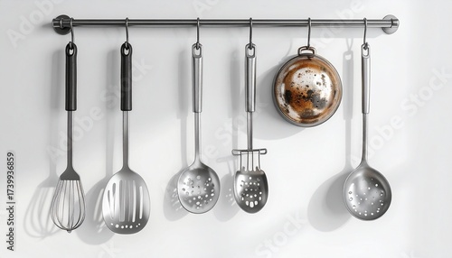 A collection of stainless steel kitchen utensils hanging neatly from a rack against a white wall.