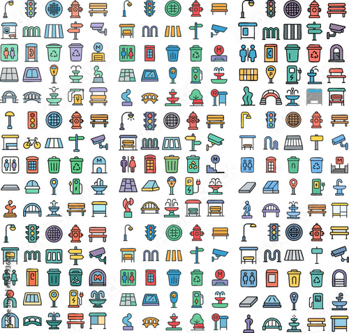 Urban City Elements Icon Set.