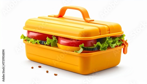 A creative concept of a healthy sandwich with fresh lettuce and tomato slices packed inside a yellow toolbox-style lunchbox on a white background.