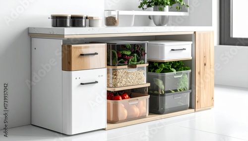 A modern kitchen island with organized storage for fresh produce and pantry items.