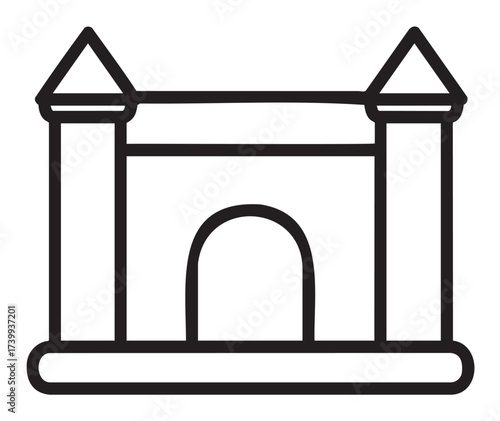 Black outline icon of a minimalist bouncy castle with two towers and a central arch. simple geometric design for play, recreation, and childhood themes.