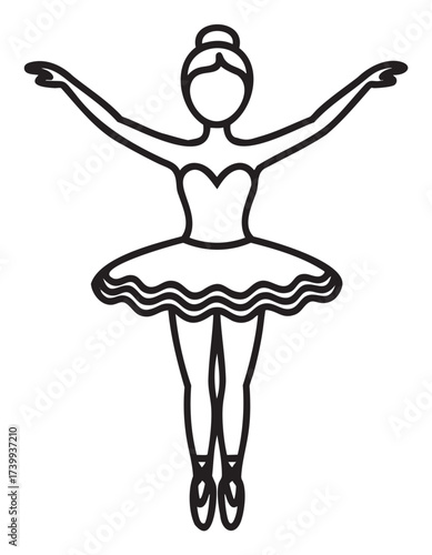 Black outline vector icon of a simple female ballerina in a tutu, standing en pointe with arms gracefully extended.