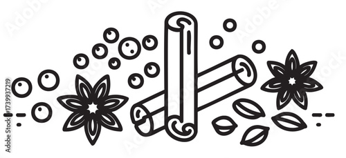 Black outline illustration of cinnamon sticks, star anise, and berries, showcasing spices and herbs commonly used in cooking and baking.