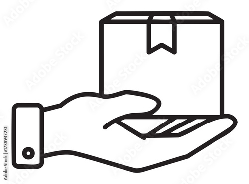 Black outline icon of a hand gently holding a small package with a label on top.