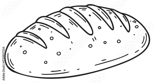 Black outline sketch of a whole loaf of bread with curved slashes on top, depicting detailed texture and grain patterns in a simple linear style.