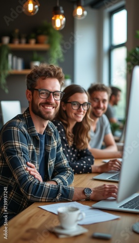 Cheerful team working together in a modern office