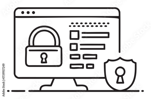 Black outline vector icon of a computer screen displaying a padlock, symbolizing cybersecurity, alongside a shield with a lock icon.