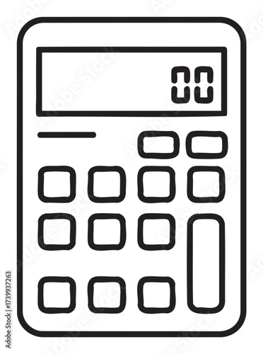 Black outline vector icon of a basic calculator with a digital display and buttons for numerical and mathematical functions.