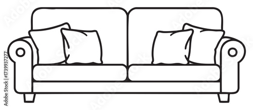 Black outline drawing of a classic sofa with rolled arms and four throw pillows, depicting a cozy and comfortable seating arrangement for a living room.