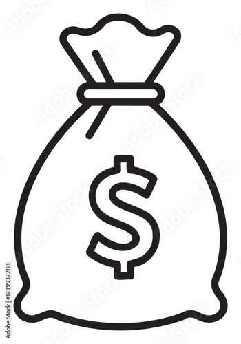 Black outline icon of a simple money bag with a dollar sign symbol, representing wealth, finance, and savings.