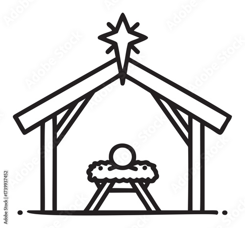 Simple black outline of a nativity scene with a stable, baby in a manger, and a star above, symbolizing the birth of jesus.