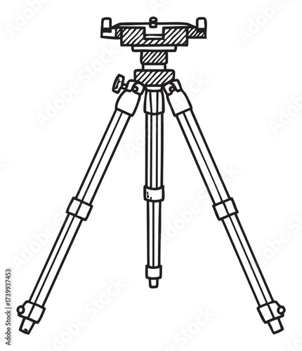 Black outline drawing of a simple camera tripod with extendable legs and adjustable head, suitable for photography and film equipment concepts.
