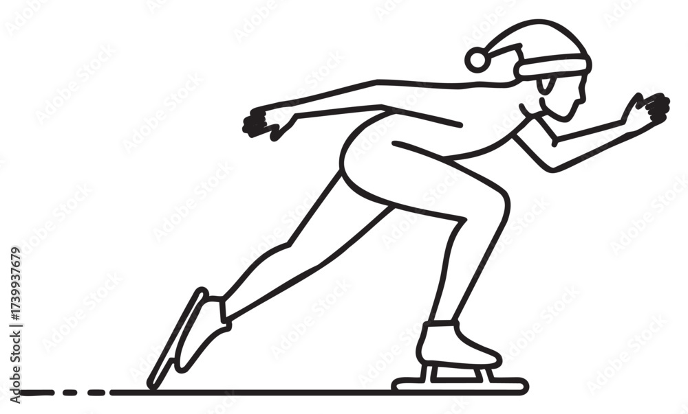 Obraz premium Black outline vector icon of a female figure skater wearing a hat and gloves, captured in a sprinting pose on ice.