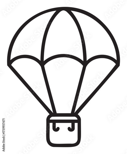 Simple black outline icon of a hot air balloon with a classic parachute-shaped canopy and a small basket underneath.