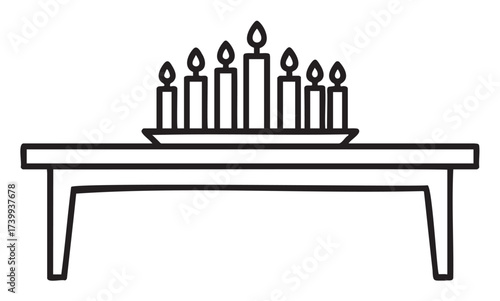 Black outline icon of a row of lit candles on a rectangular table. simplistic design suitable for concepts related to candlelit settings or events.