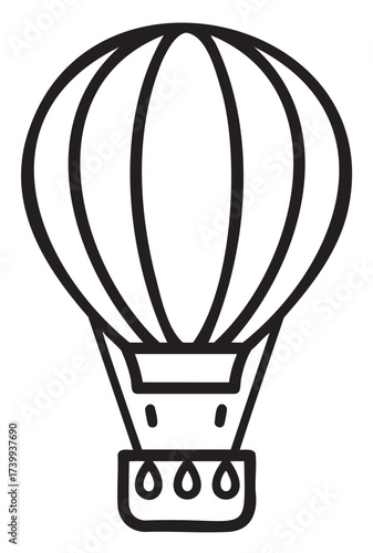 Black outline vector icon of a classic hot air balloon with a striped envelope and detailed basket. ideal for air travel, adventure, and exploration themes.