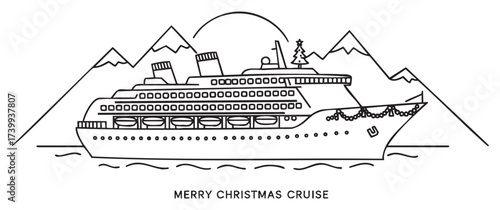 Simple line art of a cruise ship with a christmas tree on top, set against a of mountains and the sea.