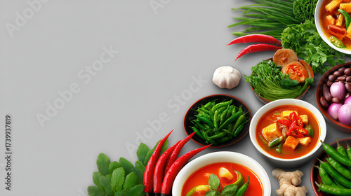Fototapeta Naklejka Na Ścianę i Meble -  A vibrant display of fresh vegetables, herbs, and spices artfully arranged with delicious thai food in bowls on a neutral grey surface showcases healthy eating.