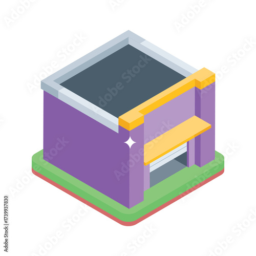Trendy Isometric warehouse building icon for logistics and storage operations.