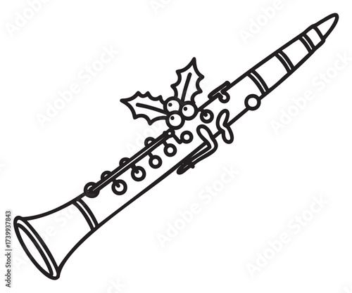 Black outline vector icon of a clarinet decorated with holly leaves and berries. minimal linear illustration for musical and holiday themes.
