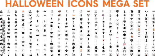 Mega Halloween Icons Vector Set Collection Spooky Symbols Pumpkins Ghosts Bats Witches for Graphic Design Projects