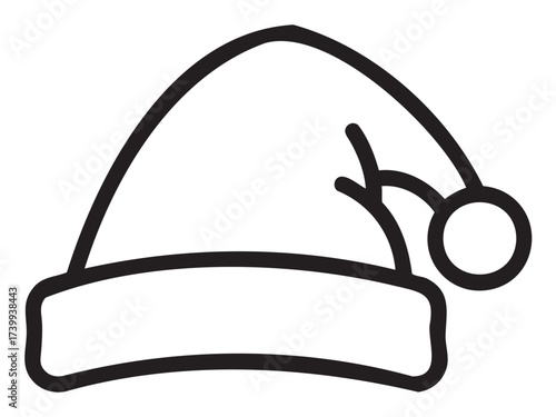 Black outline icon of a traditional santa claus hat with a fluffy pom-pom on the tip and wide brim.