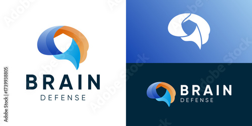 Creative simple brain defense logo template. Brain with shield shape logo design vector illustration.