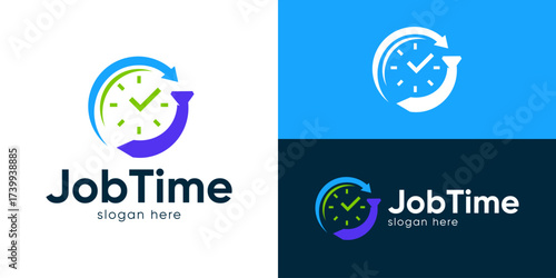 Creative simple job time logo template. Clock time with tie for job symbol logo design vector illustration.
