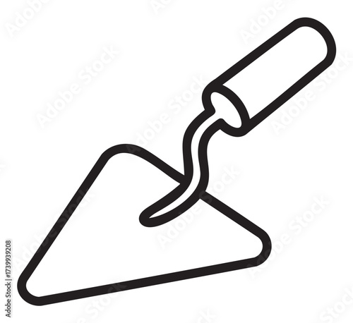 Black outline icon of a trowel with a triangular blade and curved handle. minimal linear illustration for construction, gardening, and masonry tools.