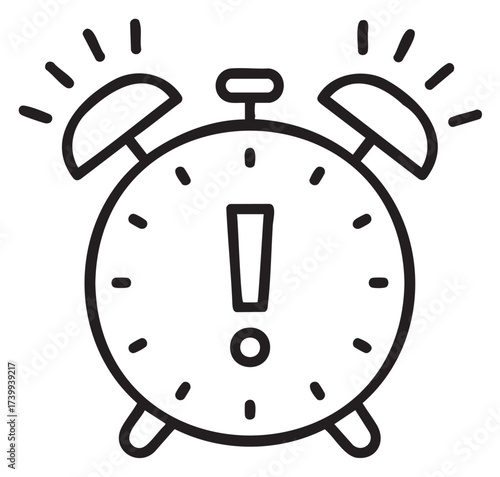 Black outline icon of an alarm clock with a central exclamation mark, conveying urgency and time management concepts.