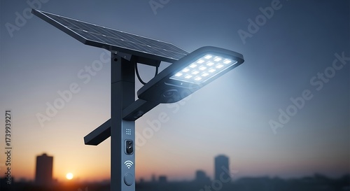 Modern Solar Powered Street Light Illuminating the Dusk Sky.