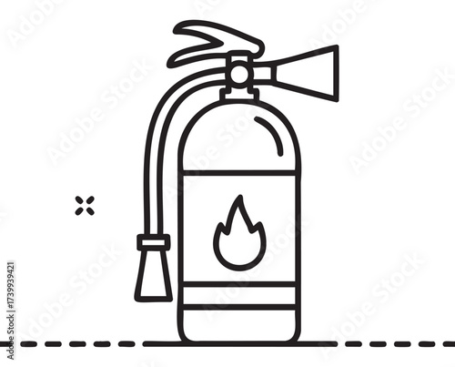 Black outline icon of a fire extinguisher with a flame symbol on the front, featuring a hose and nozzle. minimal linear design for safety and emergency concepts.
